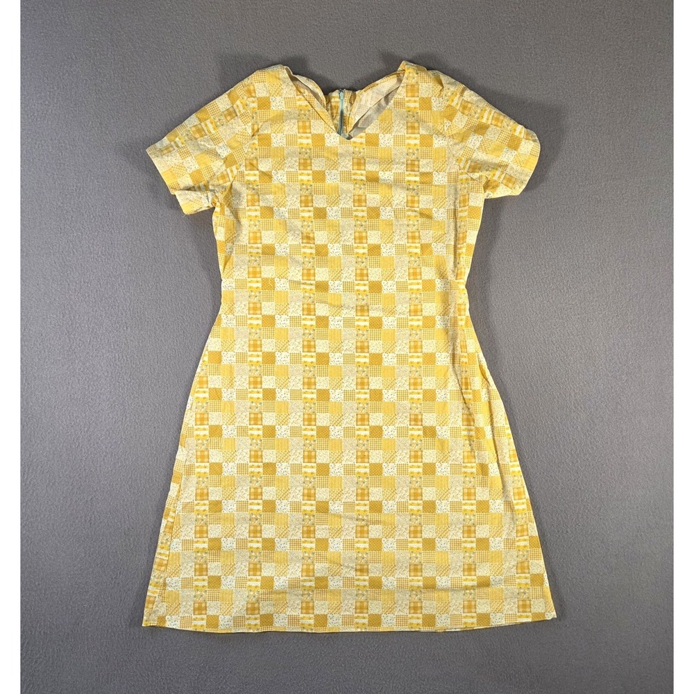Vintage 60s Dress Womens Small Yellow Plaid House Short Sleeve Midi Mod Cotton